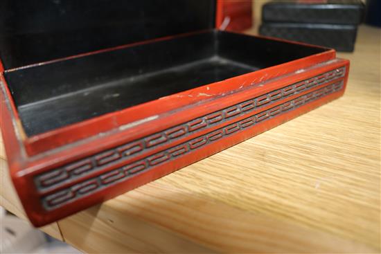 Three Chinese cinnabar lacquer boxes and another lacquer box Largest 19 x 13cm